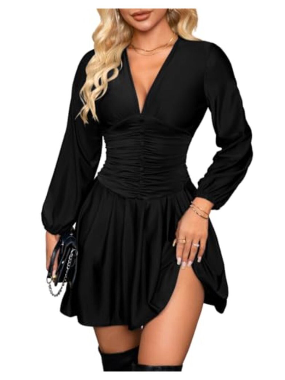 V Neck Smocked Ruched Mini Dress A Line Skater Semi Formal Wedding Guest